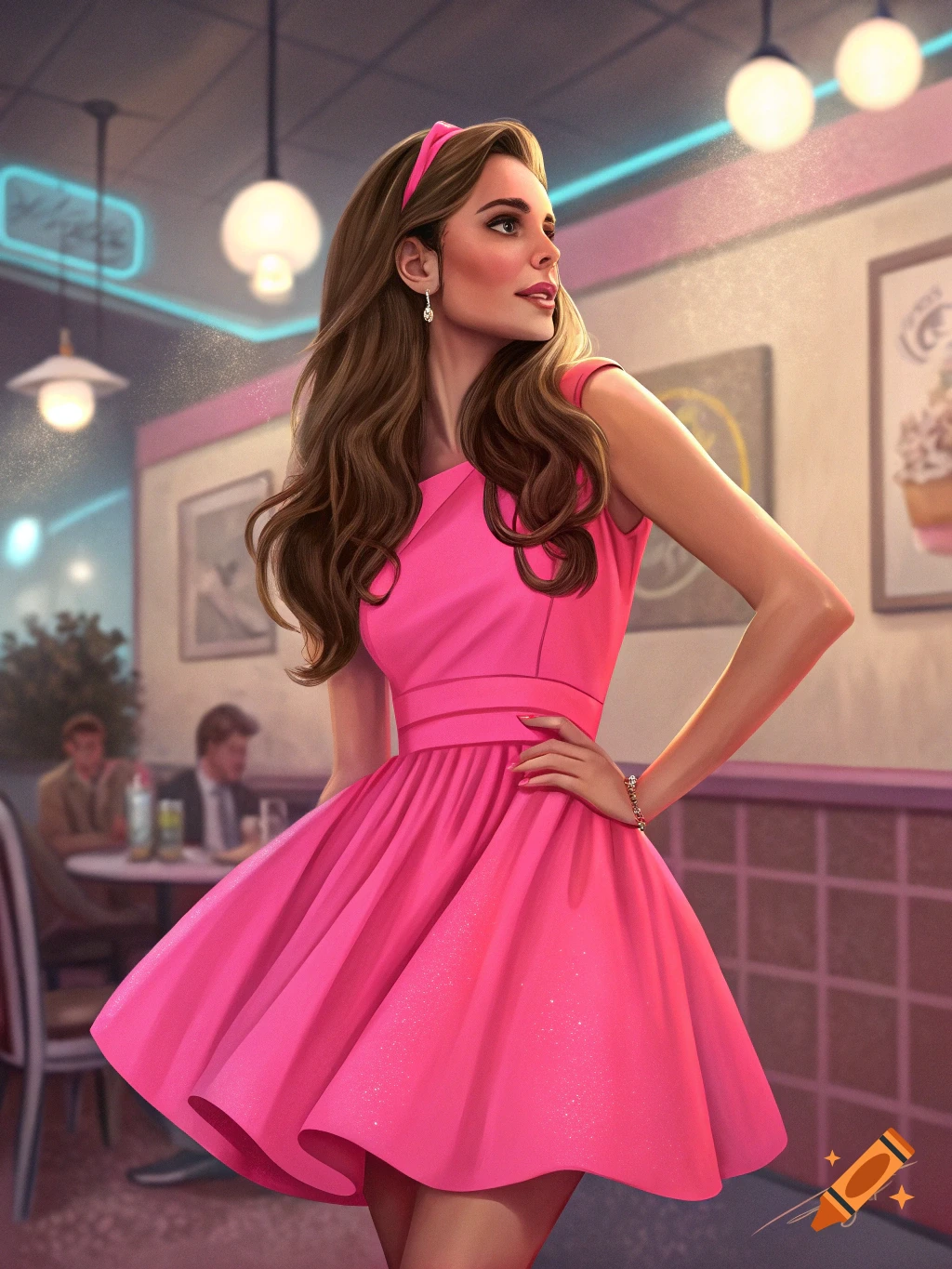 Woman in a neon pink 80s mini dress posing in a diner.