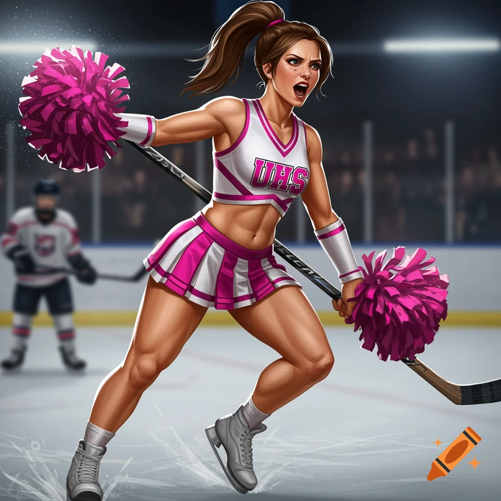Cheerleader in pink and white uniform and hockey skates on an ice rink holding pom-poms and a hockey stick.