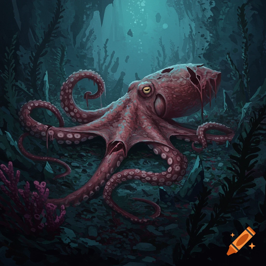 A damaged octopus rests on the ocean floor in a dark, stylized underwater scene.