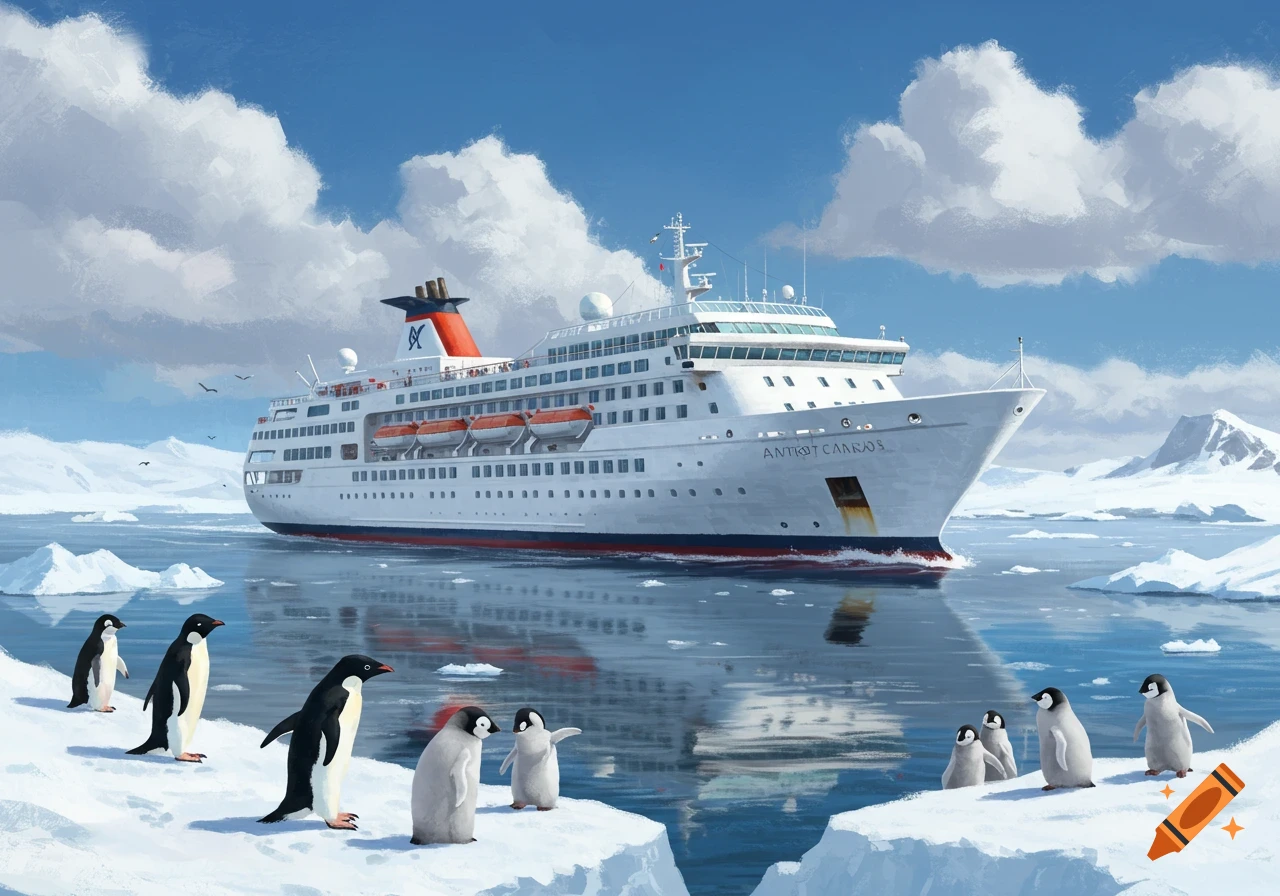 Penguins on ice floes with a large white cruise ship in Antarctic waters.