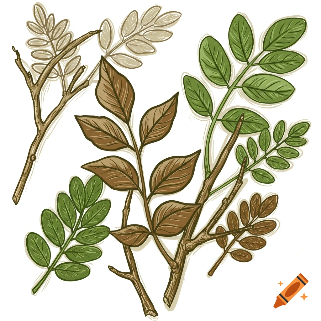 Illustration of branches with green and brown leaves