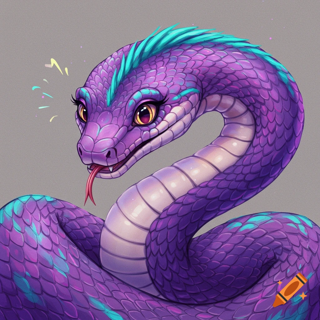 Cartoon illustration of a purple and turquoise snake