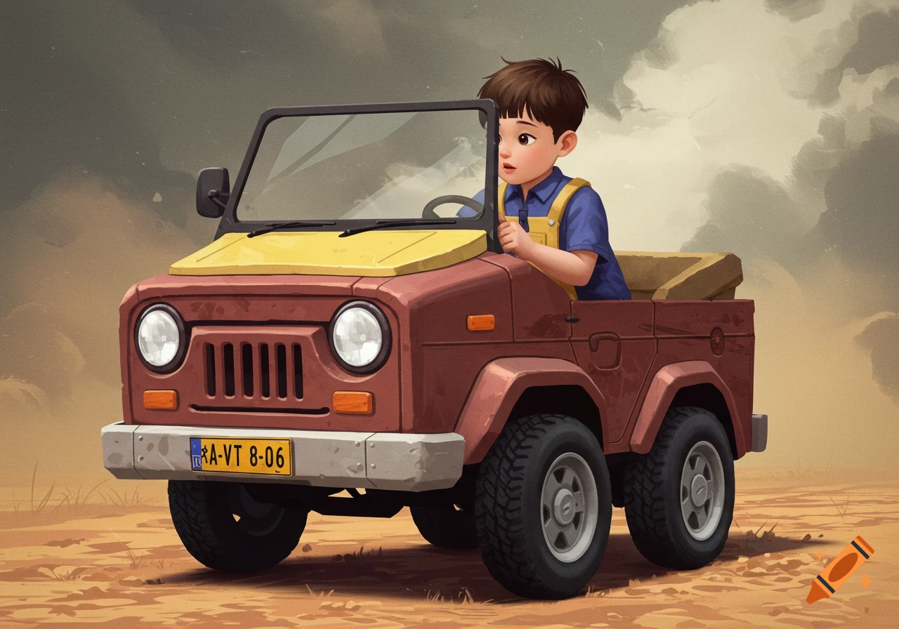 A young boy sits in a small jeep toy vehicle outdoors in an illustration style.