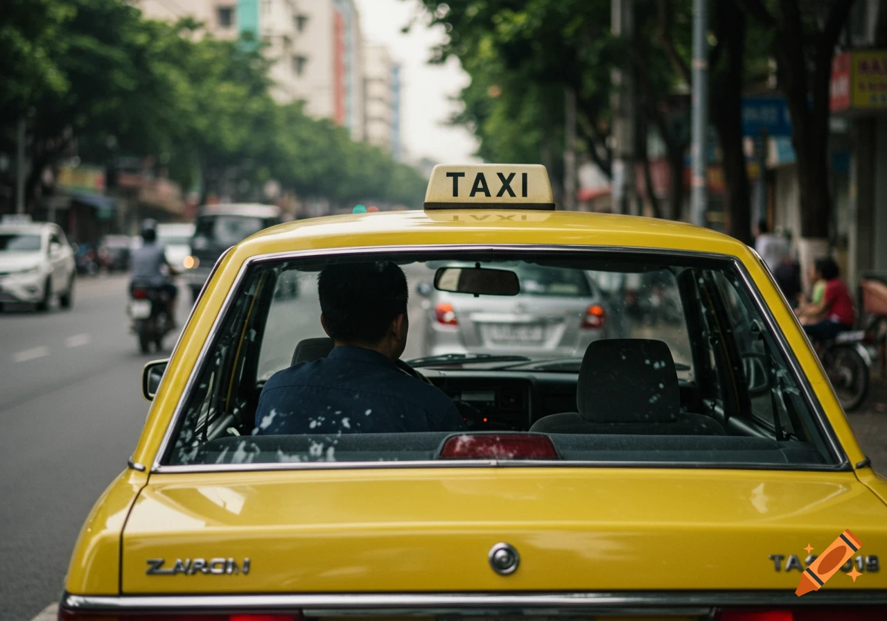Rear view of a yellow taxi on a city street with a driver seen from behind.