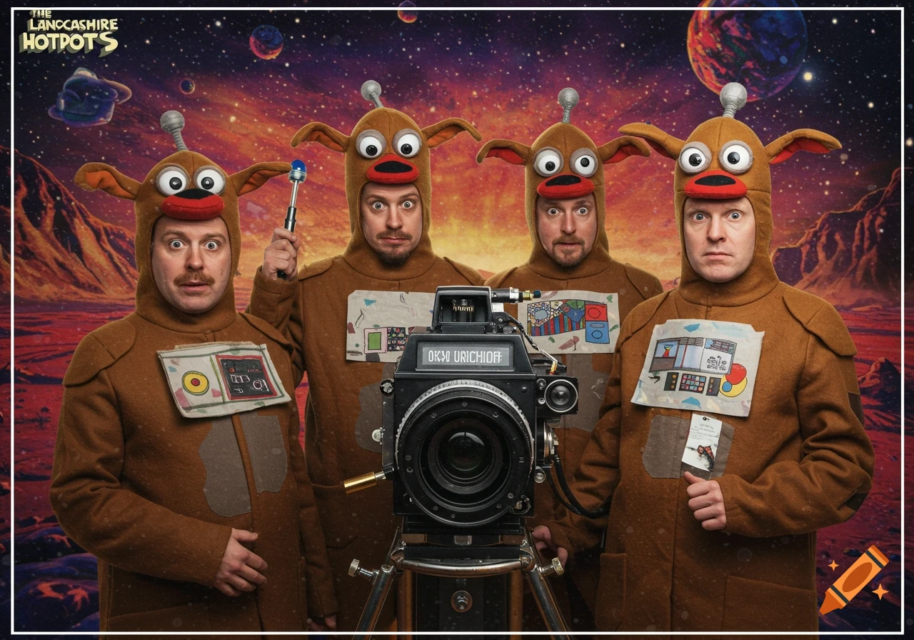 Four men in cartoonish brown alien costumes with googly eyes stand in a space landscape, one holding a light, another with a large camera.