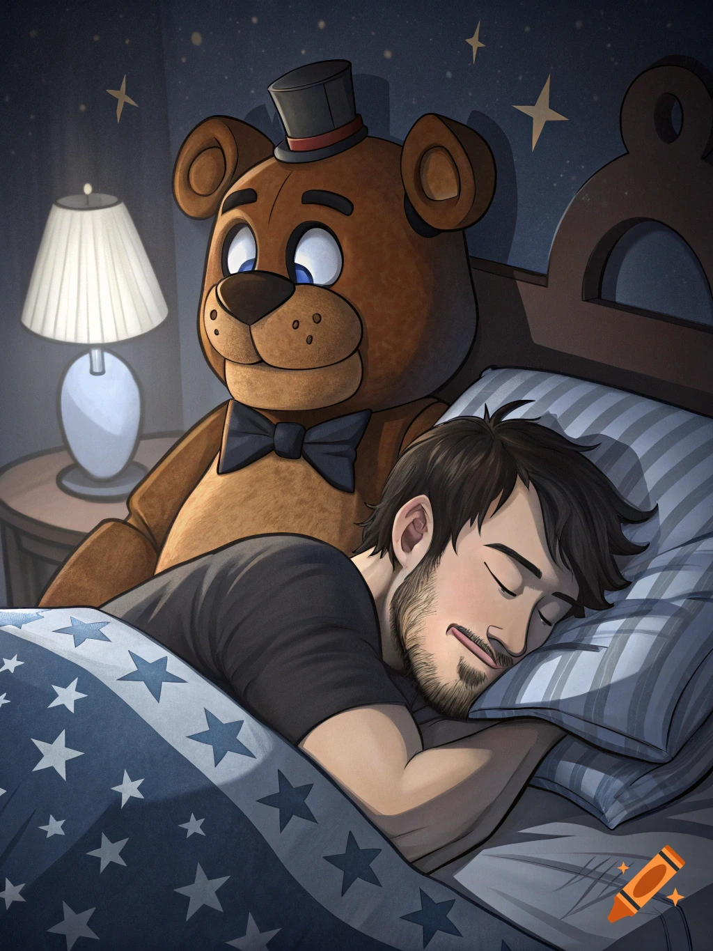 Illustration of a man sleeping in bed next to a large Freddy Fazbear plush