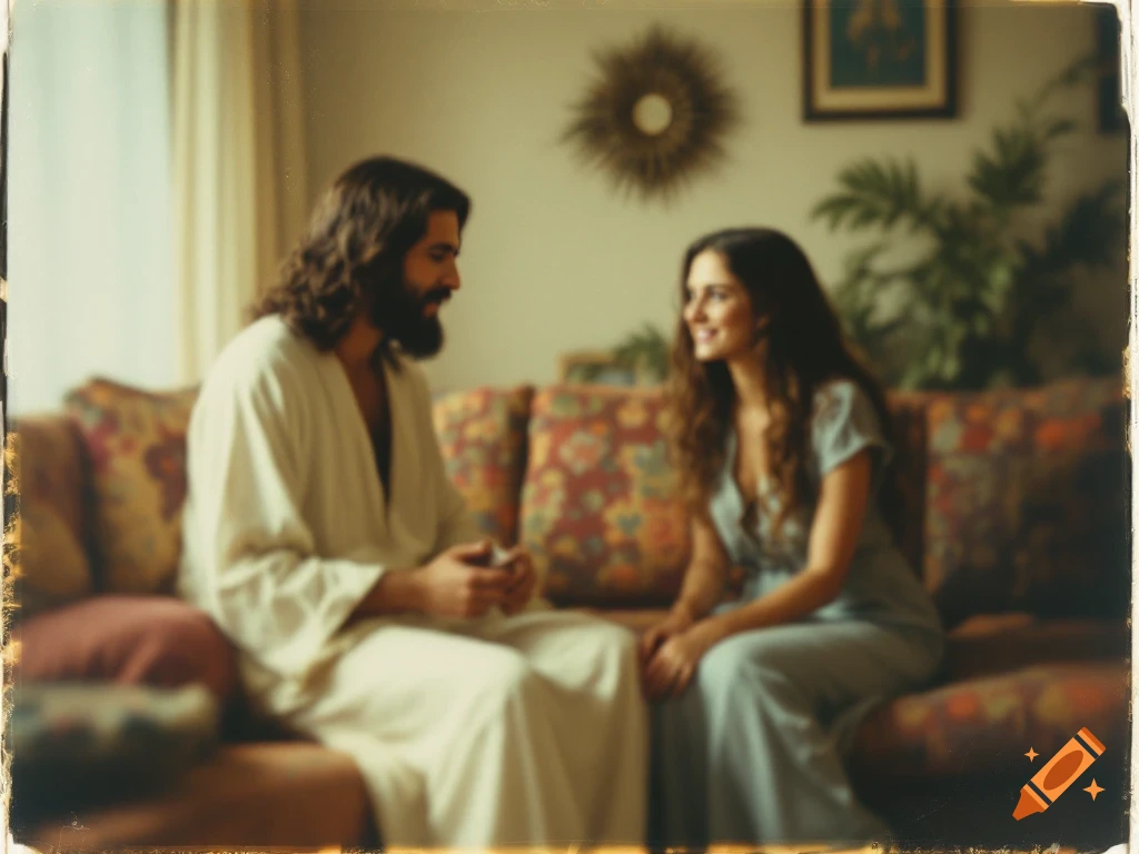 Vintage blurry photo of Jesus and Mary Magdalene sitting on a couch in a living room.