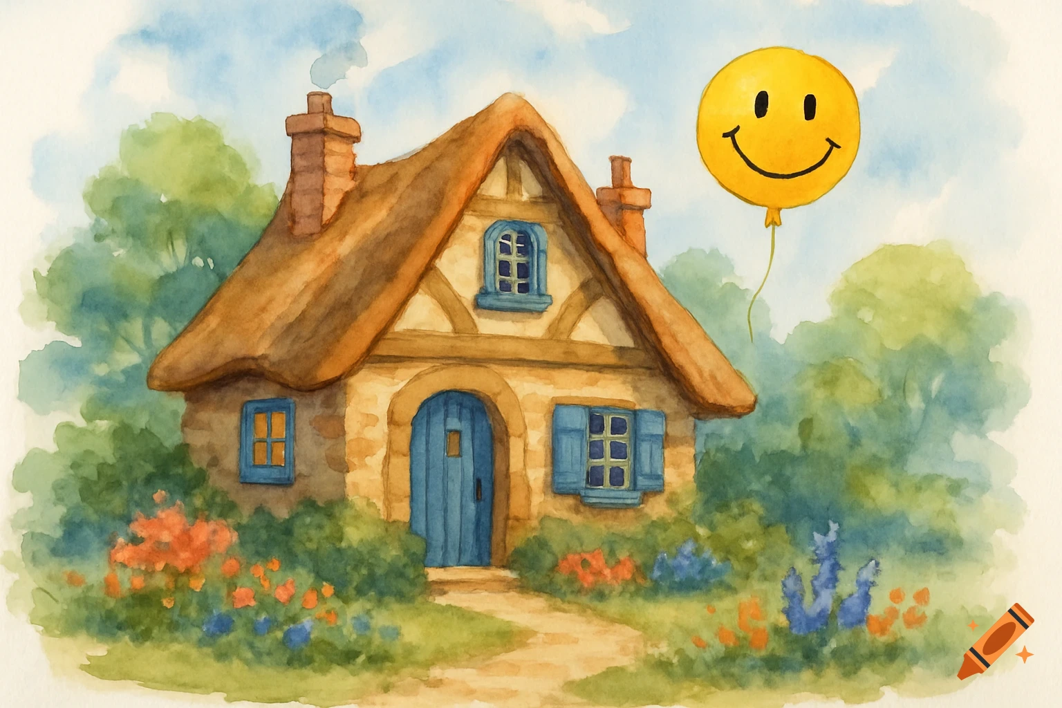 A whimsical watercolor painting of a thatched-roof cottage with blue shutters and a garden, with a yellow smiley face balloon floating above.