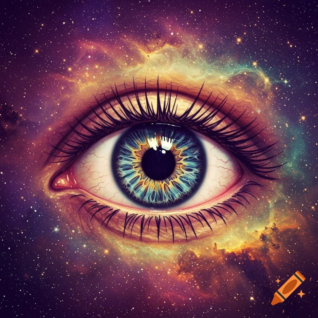 Close-up of an eye with a galaxy and stars reflected in the iris.