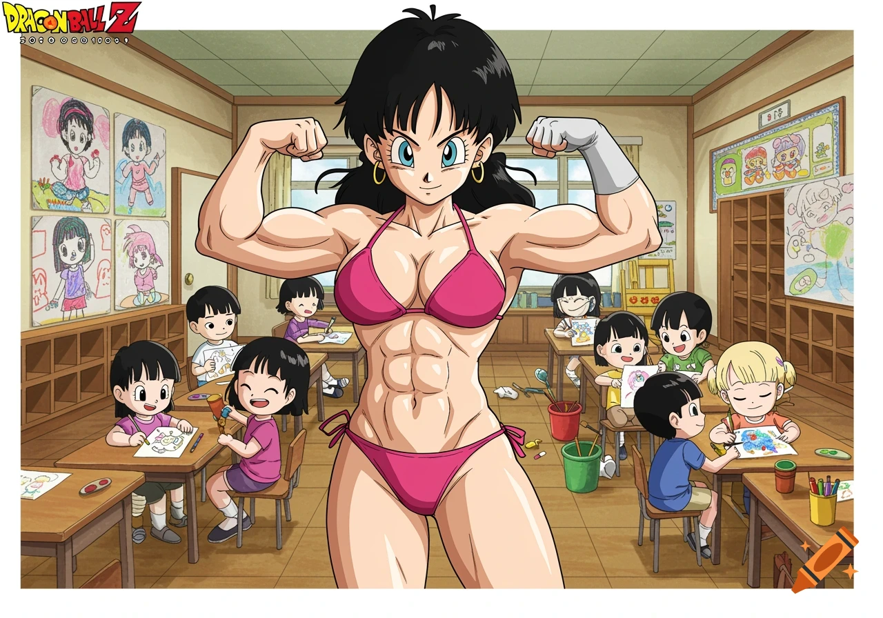 Videl from Dragon Ball Z flexing in a bikini in a kindergarten classroom while children draw.