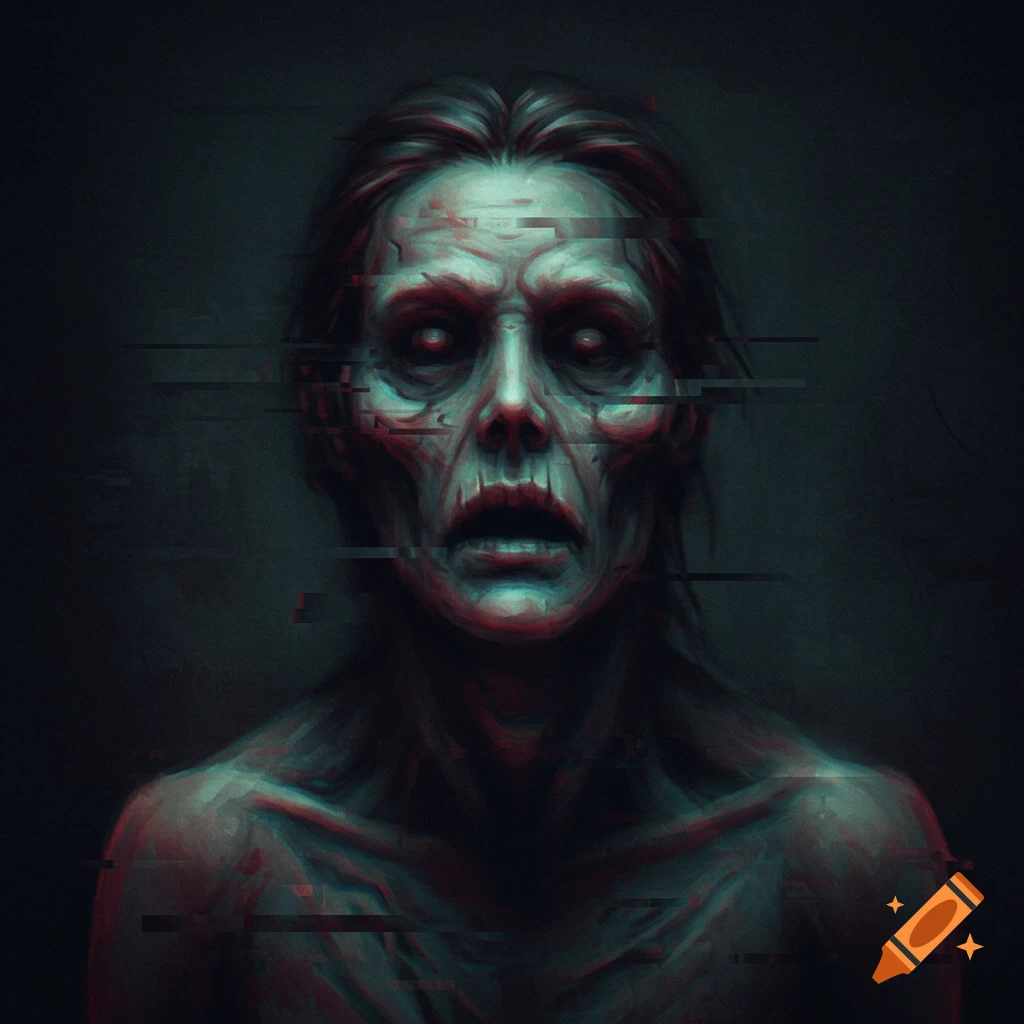 Distorted ghoulish figure with glitch effects