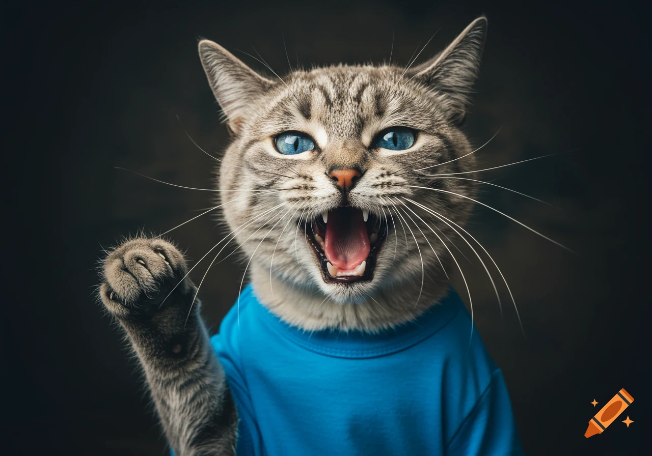 Angry gray tabby cat in blue shirt shouting, paw raised