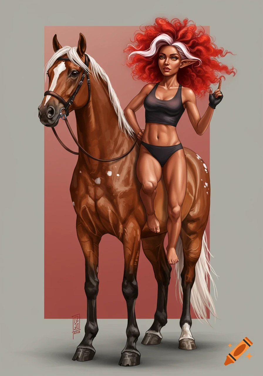 Illustrative art of a female fantasy character with red hair and elf ears riding a horse.