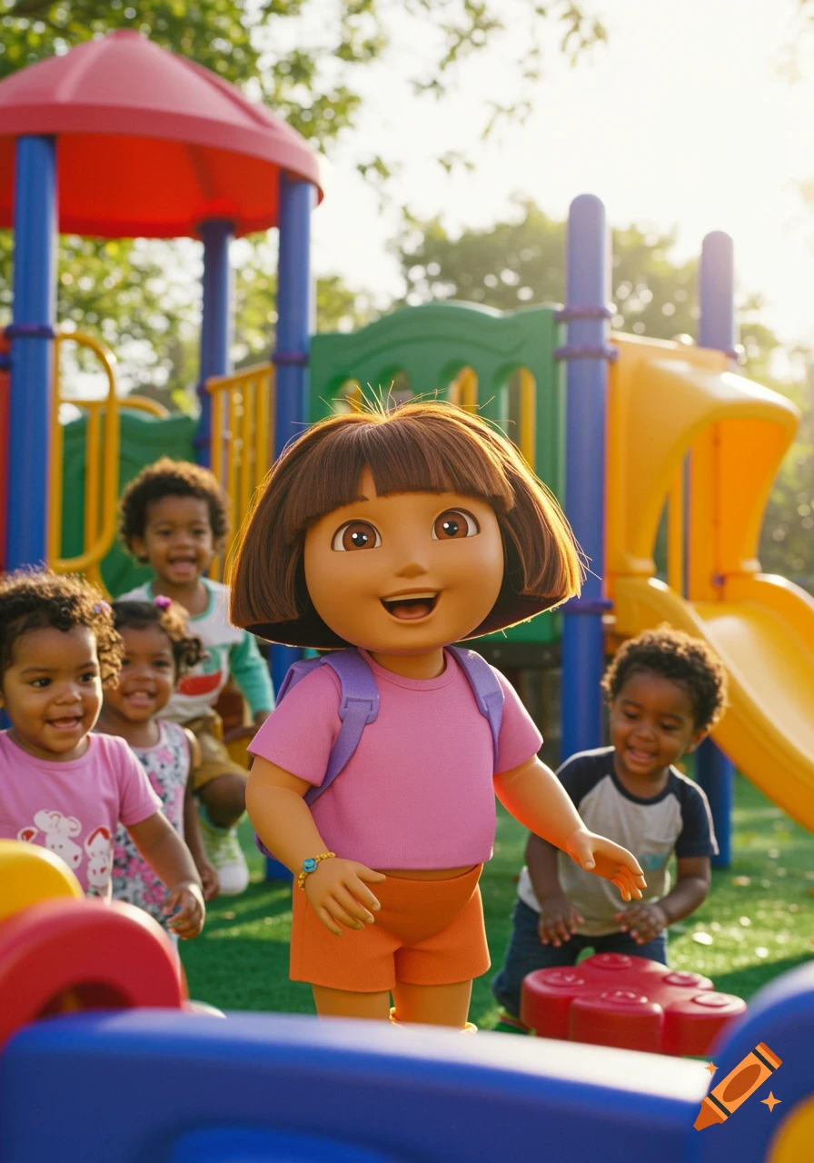 Dora the Explorer doll with children playing on a sunlit playground.