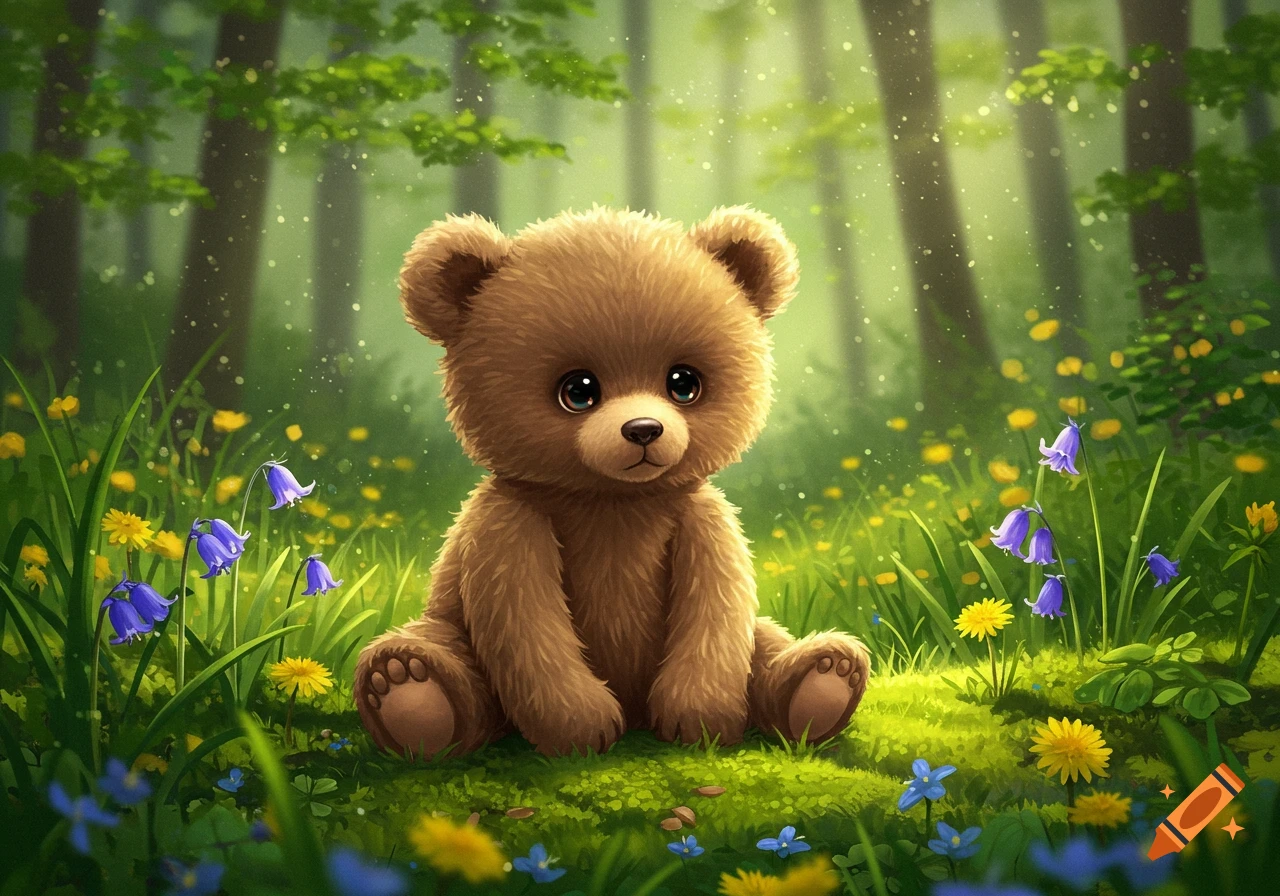 A cute teddy bear sits in a grassy forest clearing with blue and yellow flowers.
