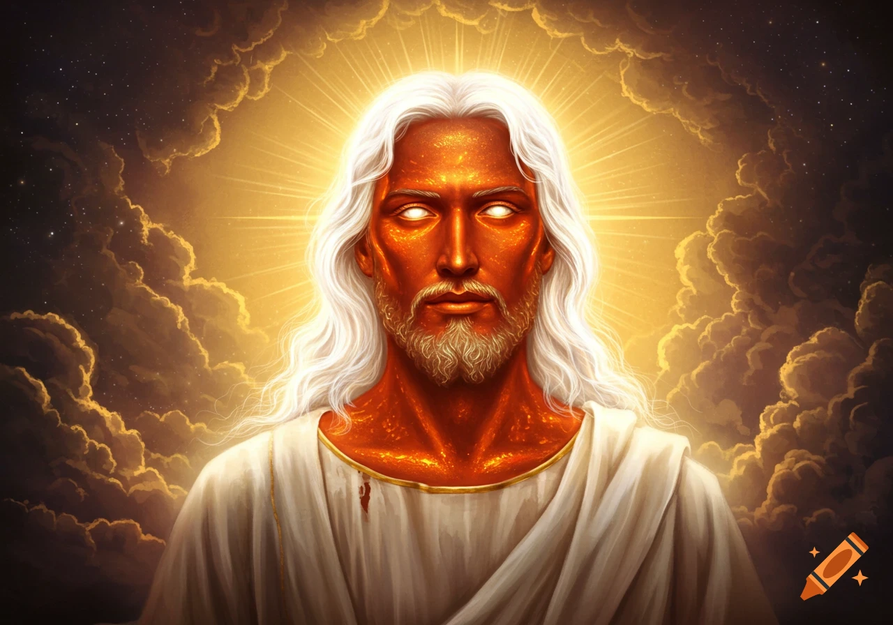 Stylized portrait of Jesus with skin like molten bronze, glowing white eyes and hair, surrounded by golden light and clouds.