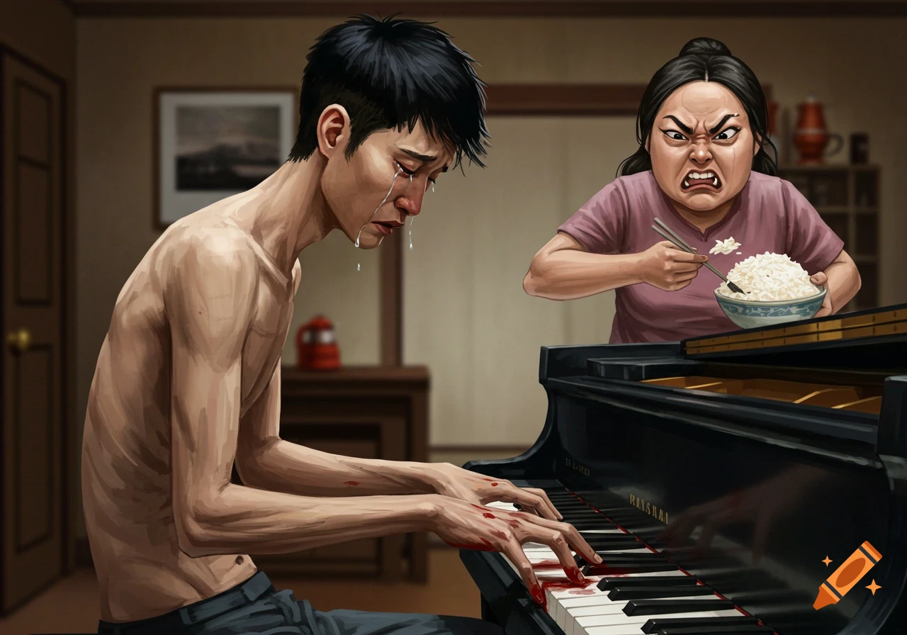 Illustration of a crying skinny man playing a bloody piano while an angry woman eats rice behind him.