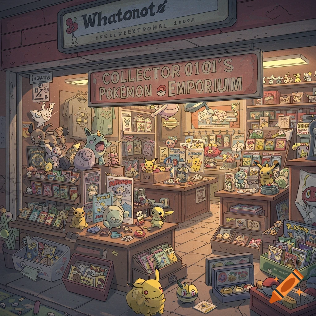 Illustration of a cluttered Pokemon store filled with toys, cards, and merchandise.