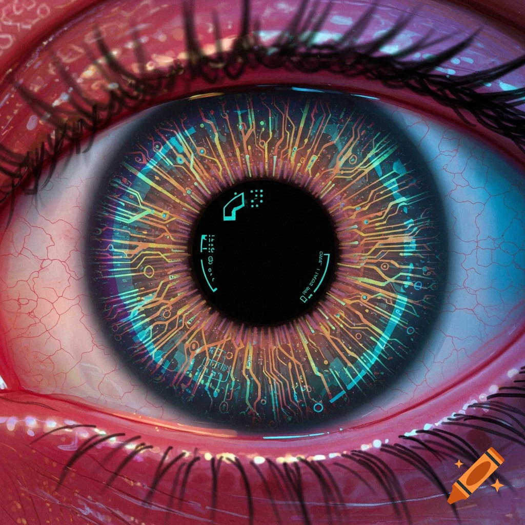 Close-up of a human eye with a futuristic contact lens displaying circuit patterns and symbols.