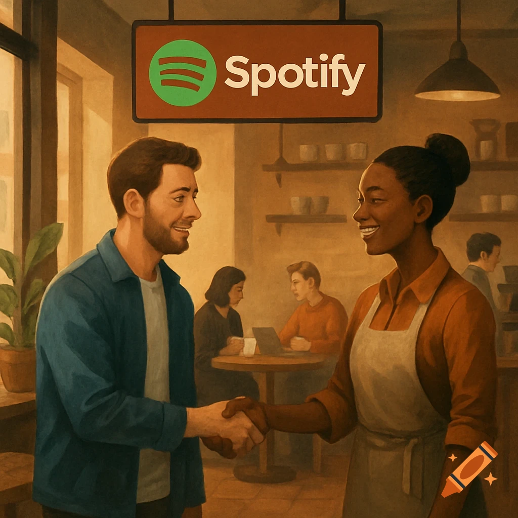 Man and woman shaking hands in a cafe with a Spotify sign. Painting style.