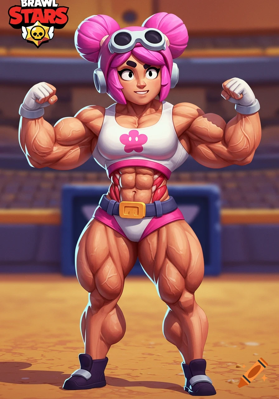 A muscular woman flexing her biceps in a gym, stylized realism.