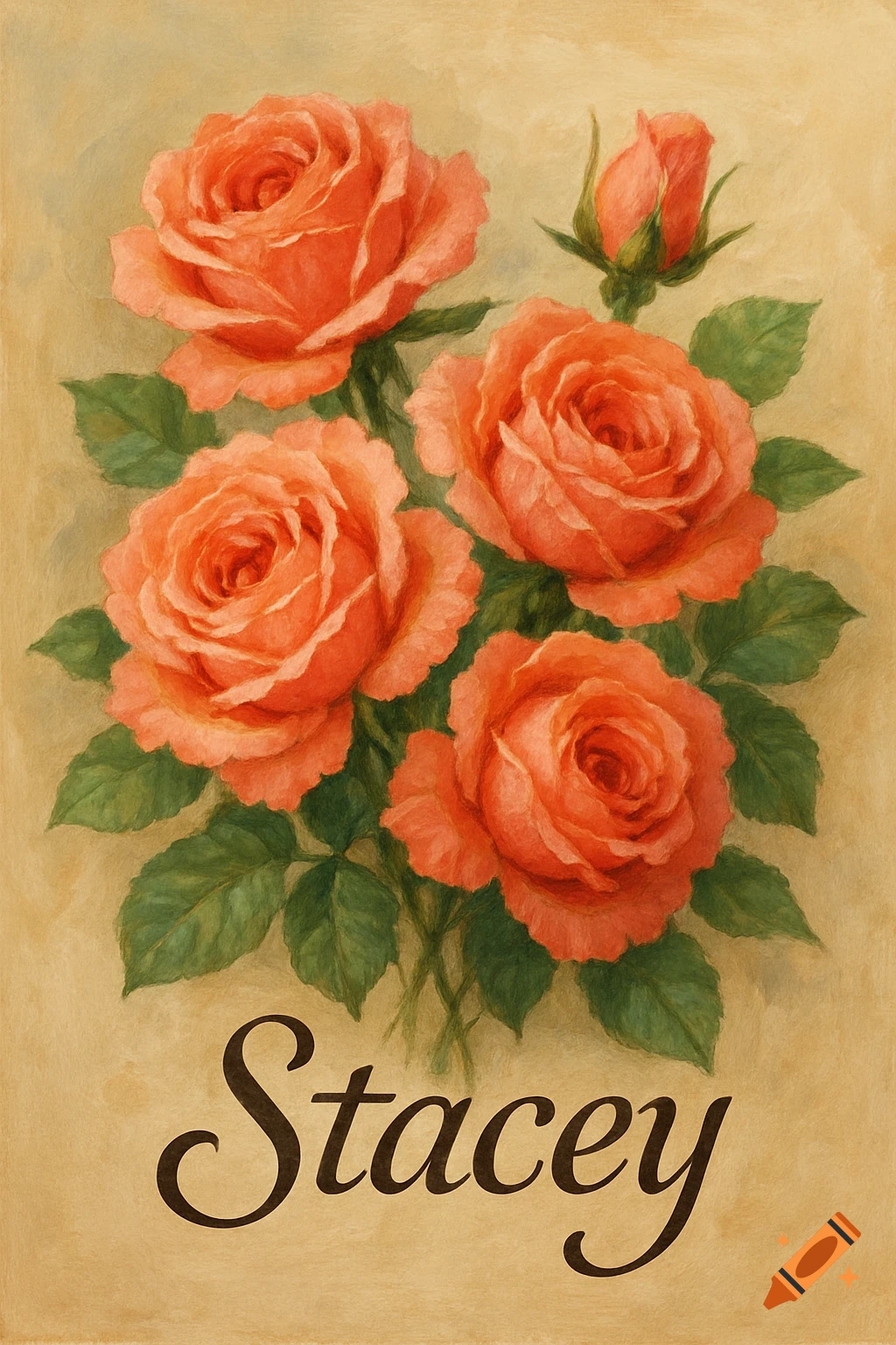Painting of coral roses with the name Stacey at the bottom.