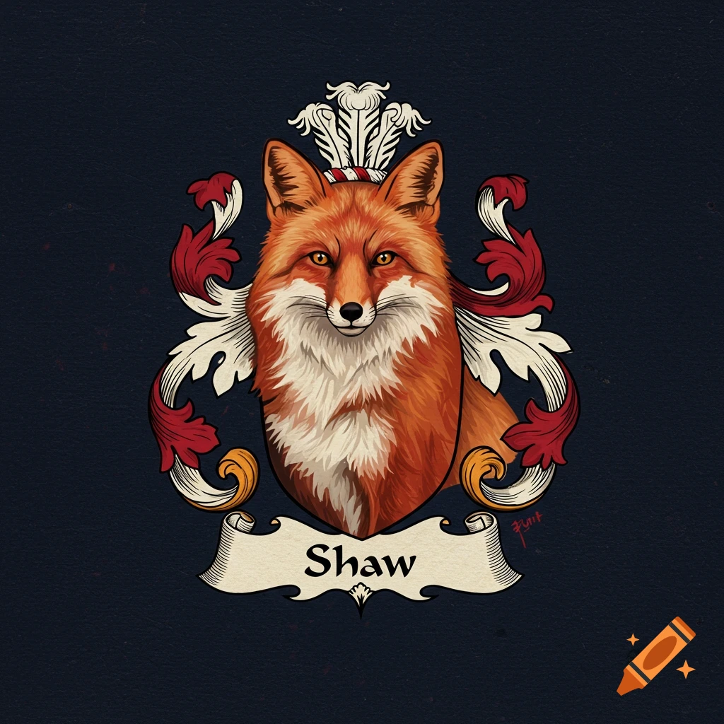 A stylized family crest featuring the head of a red fox at the center, surrounded by red and white scrolling foliage, with a banner below reading "Shaw".