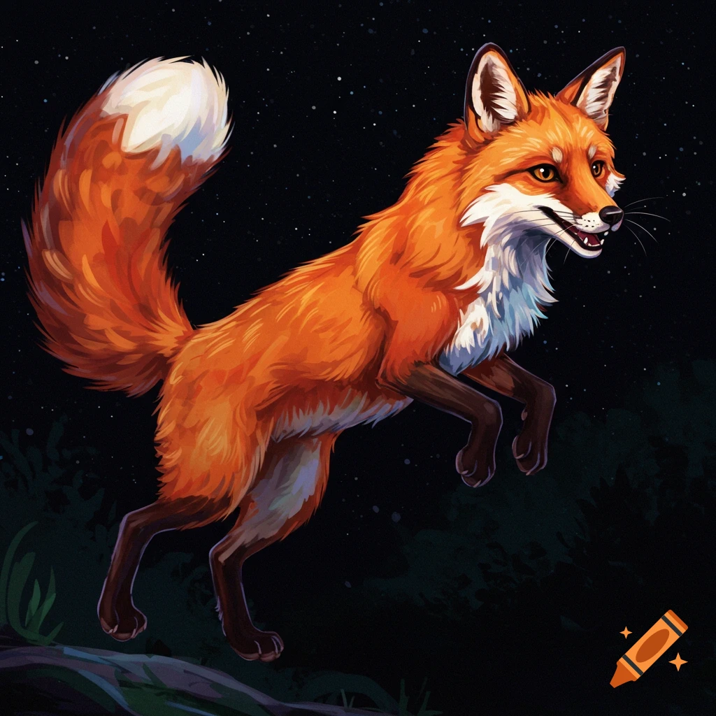 An illustration of a playful orange fox jumping against a dark background with stars.