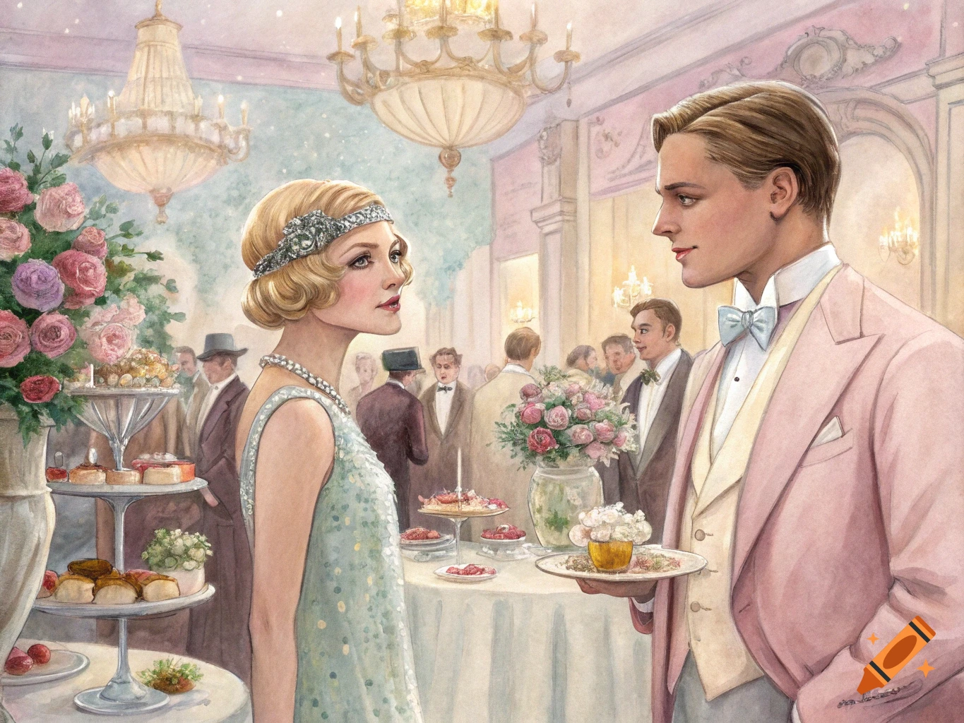 Watercolor painting of man and woman in 1920s clothes at a tea party.