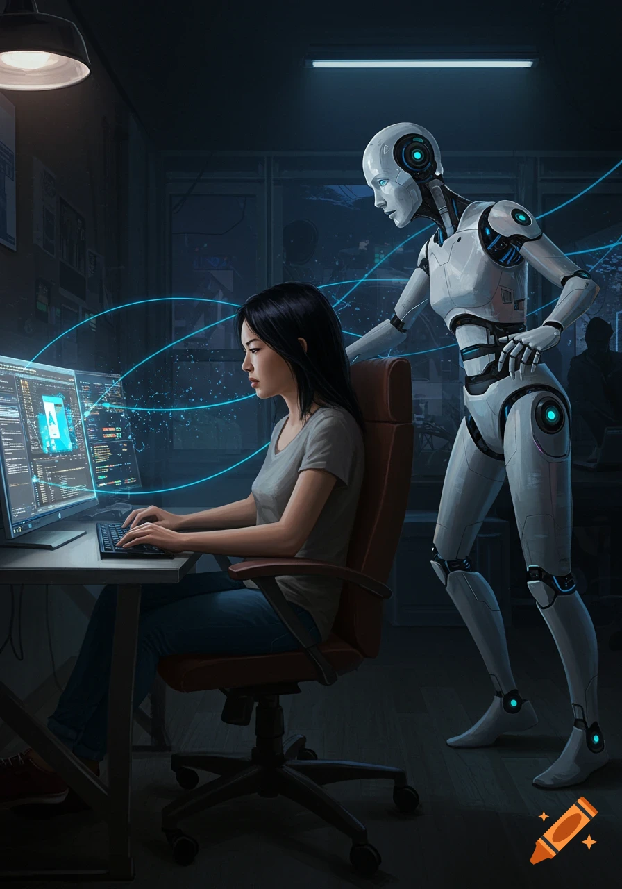 A woman codes on a computer with a robot looking over her shoulder in a dark room with glowing blue lines, digital art.