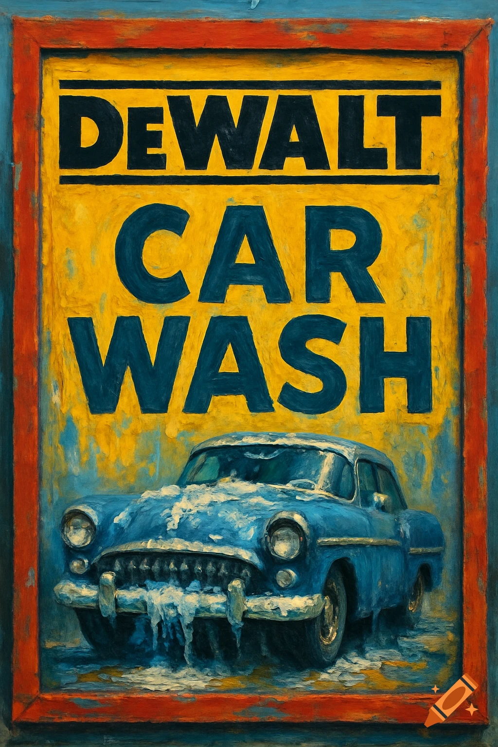 A painterly image of a blue car being washed, with a large sign above reading 'DEWALT CAR WASH'.