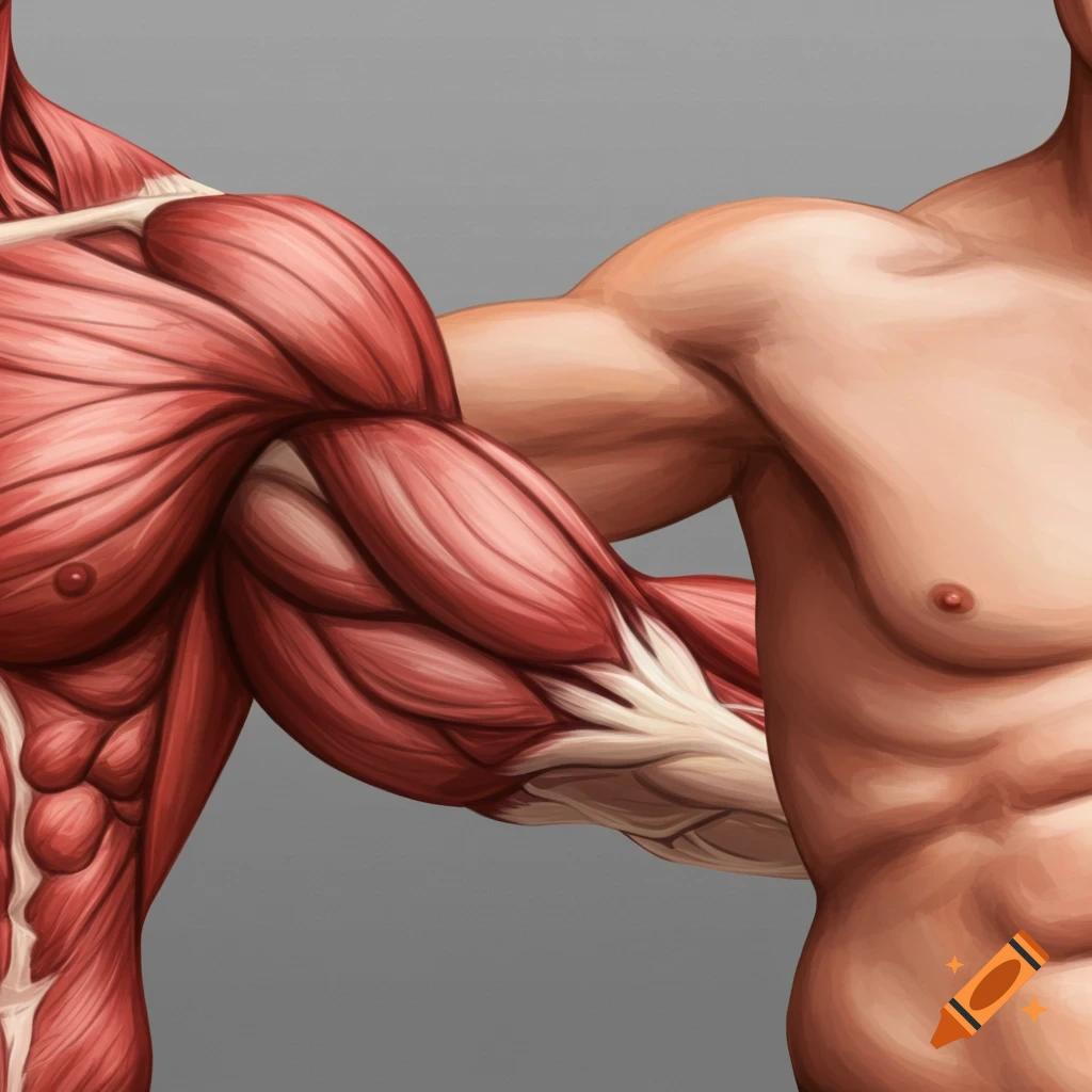 Illustration showing a male torso and arm with muscle structure exposed on one side transitioning to skin.