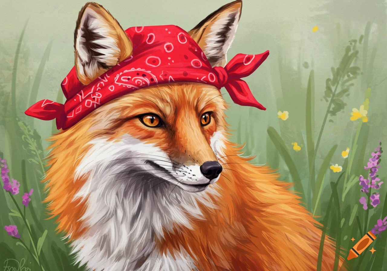 Illustration of a fox in a red bandana sitting among tall grass and flowers.