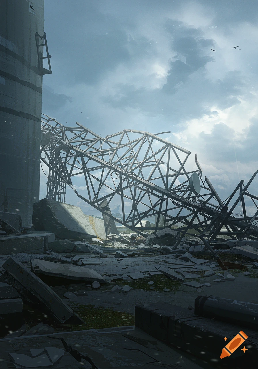 A collapsed cell tower stands amidst ruins under a cloudy sky.