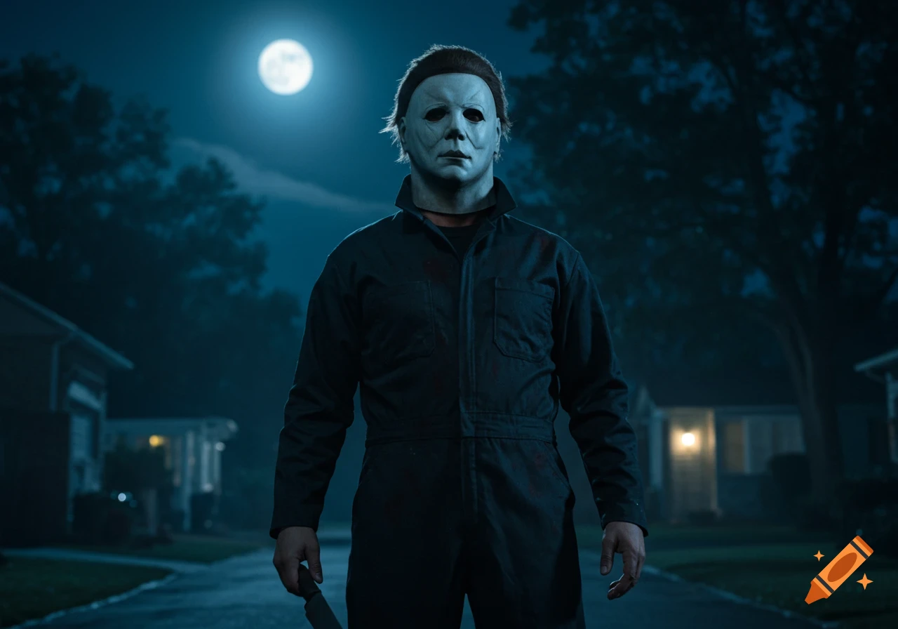 Michael Myers stands in a street at night with a knife under a full moon