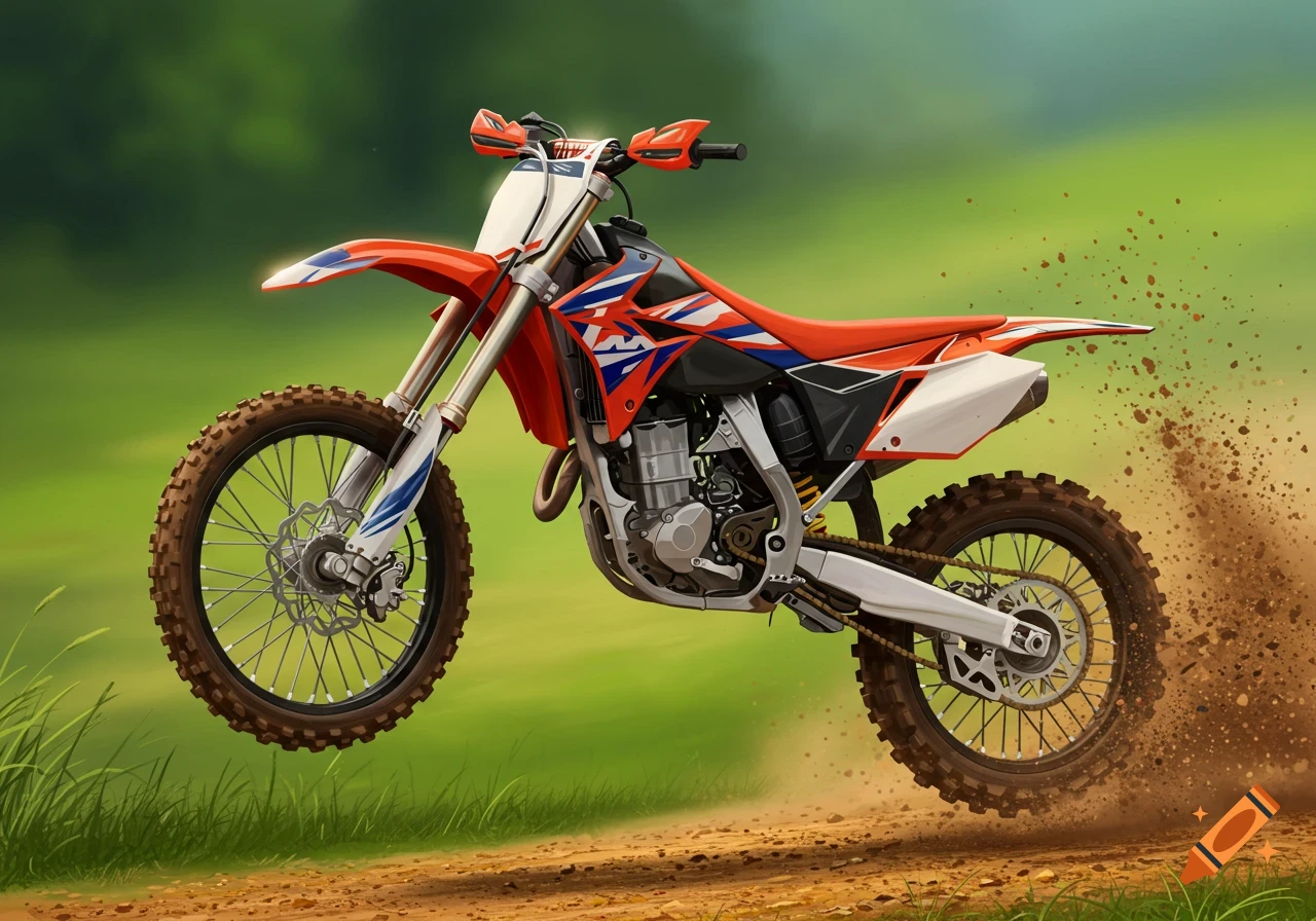 An orange and white dirtbike jumps over a dirt track, kicking up dust against a green background.