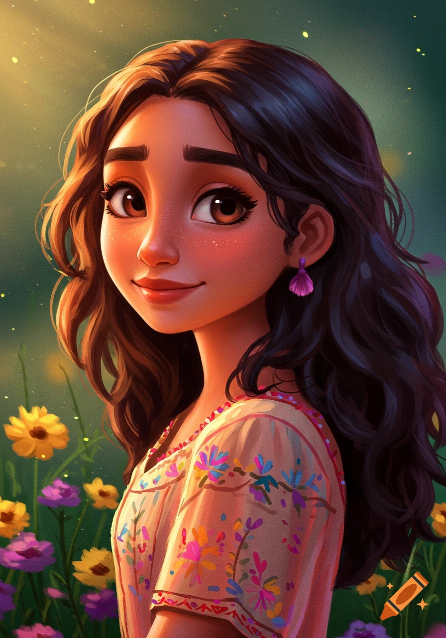 Stylized digital portrait of a girl with long dark hair, smiling among ...