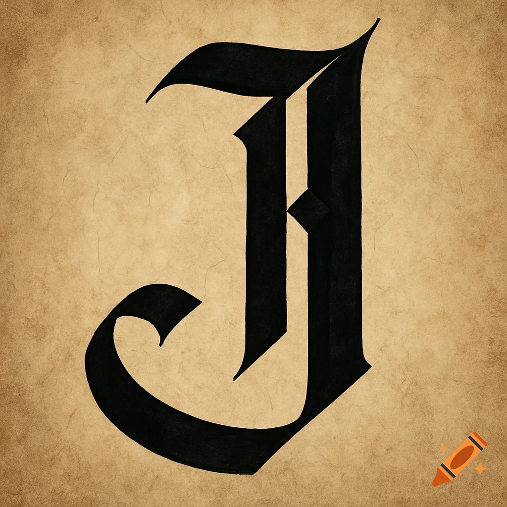 Black gothic letter J on a textured background.
