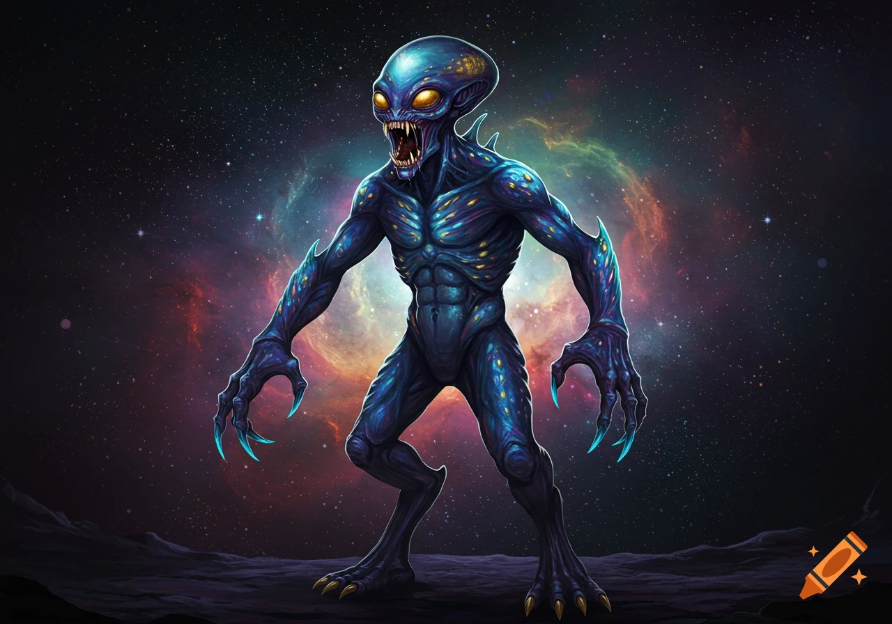Blue alien with claws and fangs standing in space against a nebula background.