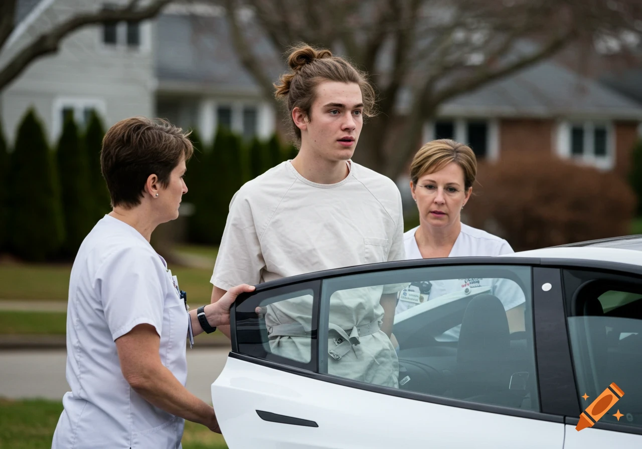 Young man in hospital-style garment being led into a car by two people in medical uniforms on a suburban street, photorealistic.