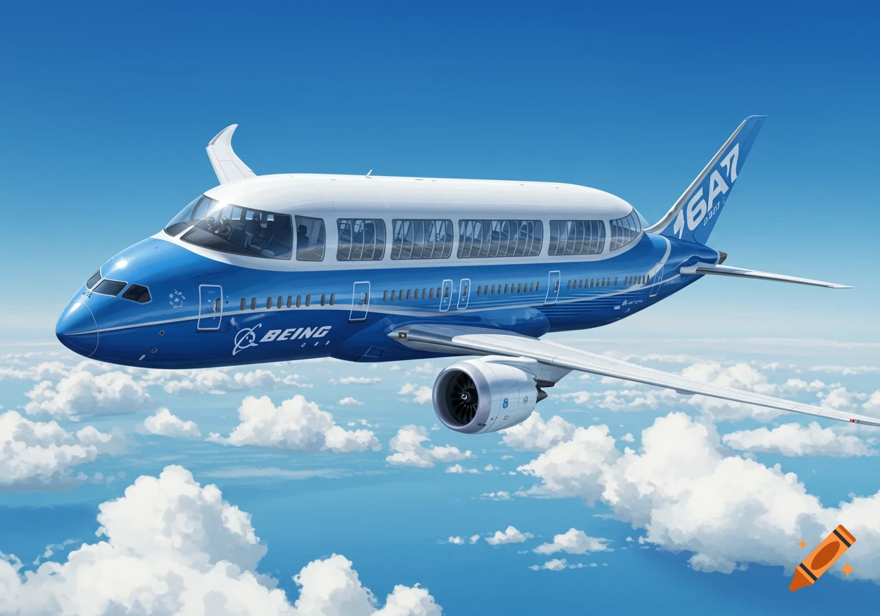 Illustration of a blue and white double-decker airplane flying through clouds.