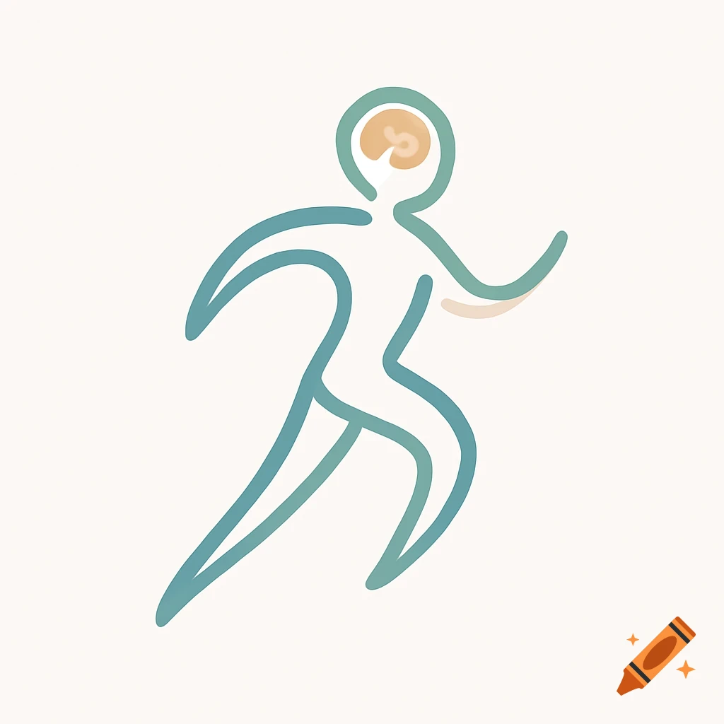 Minimalist logo of a running figure with a brain inside its head, rendered in smooth blue and green lines.