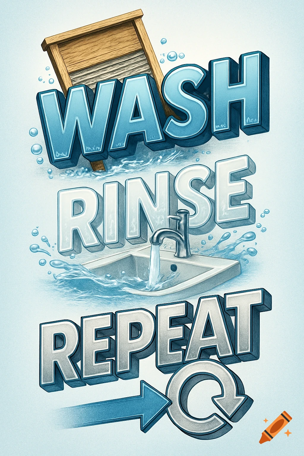 Stylized 3D text WASH RINSE REPEAT with washboard, sink, and repeat icon.