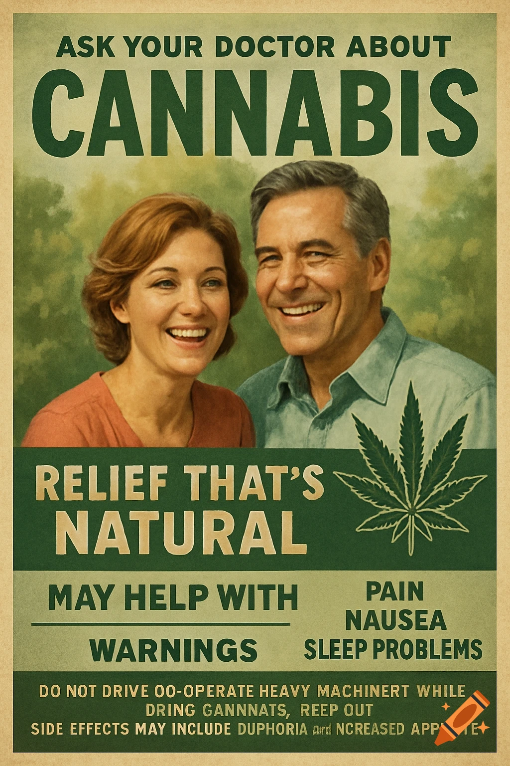 Vintage style parody poster about cannabis featuring a smiling couple and text.