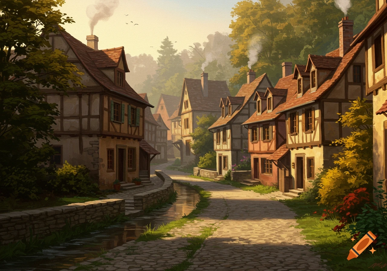 A painterly illustration of an old village street winding past half-timbered houses with red roofs, a stone wall, and a small stream.