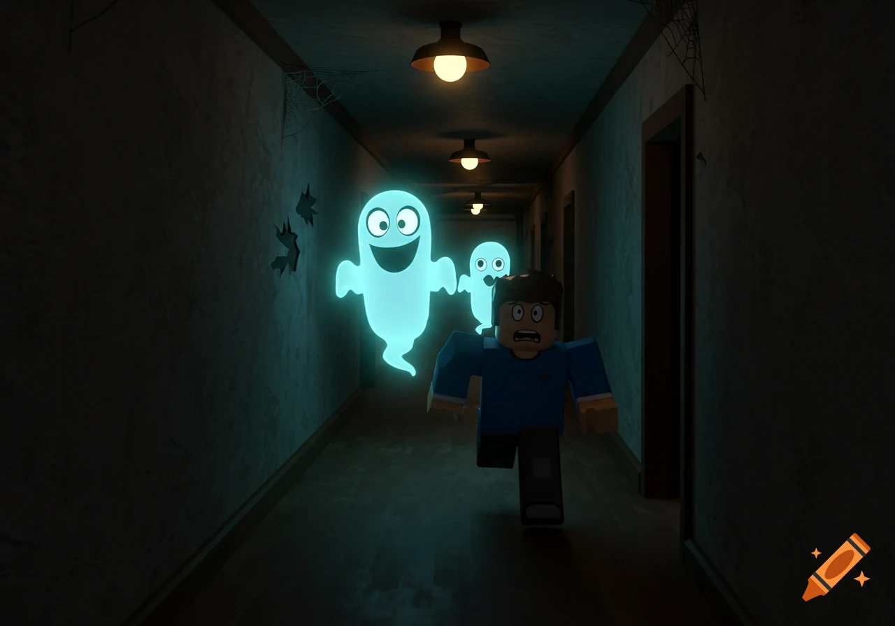 A blocky cartoon character runs in fear from two glowing ghosts in a dark, spooky hallway.