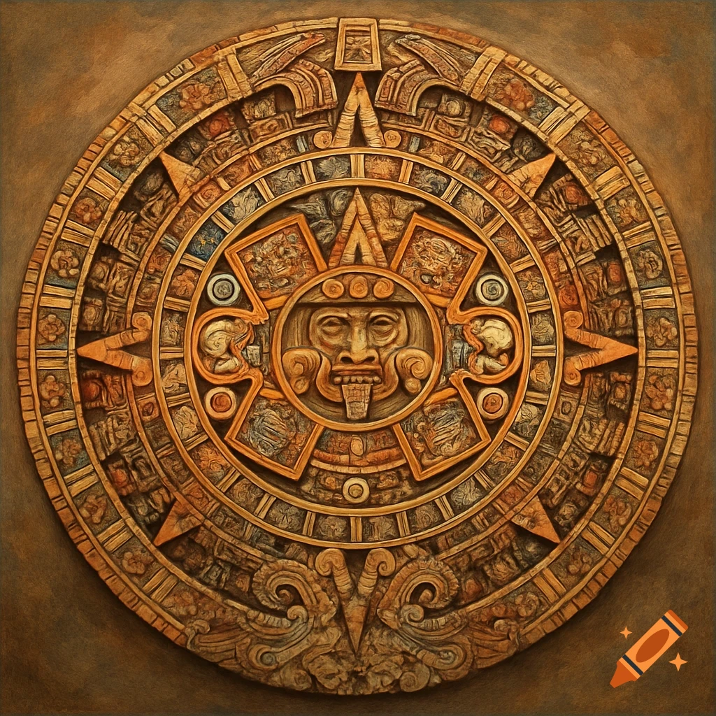 An intricately carved stone disk resembling the Aztec Calendar Stone