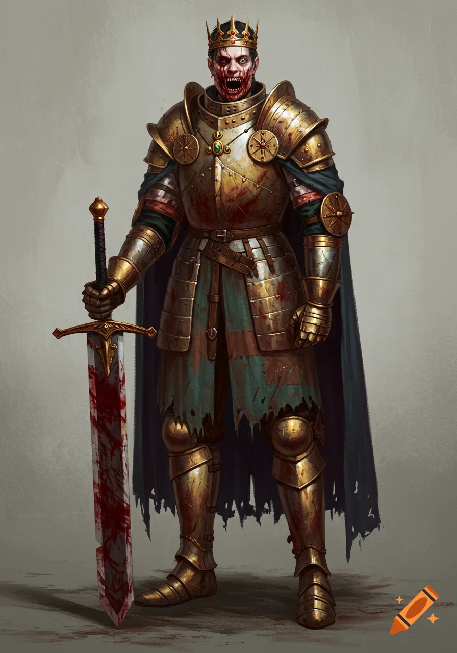 Undead knight in ornate gold armor holds a bloody broadsword.