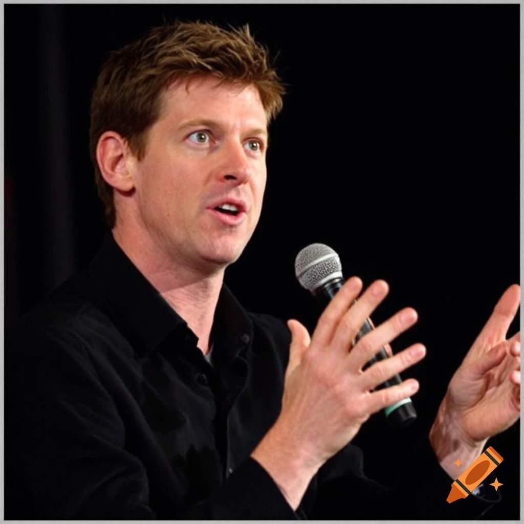 A man speaks into a microphone, gesturing with his hands.