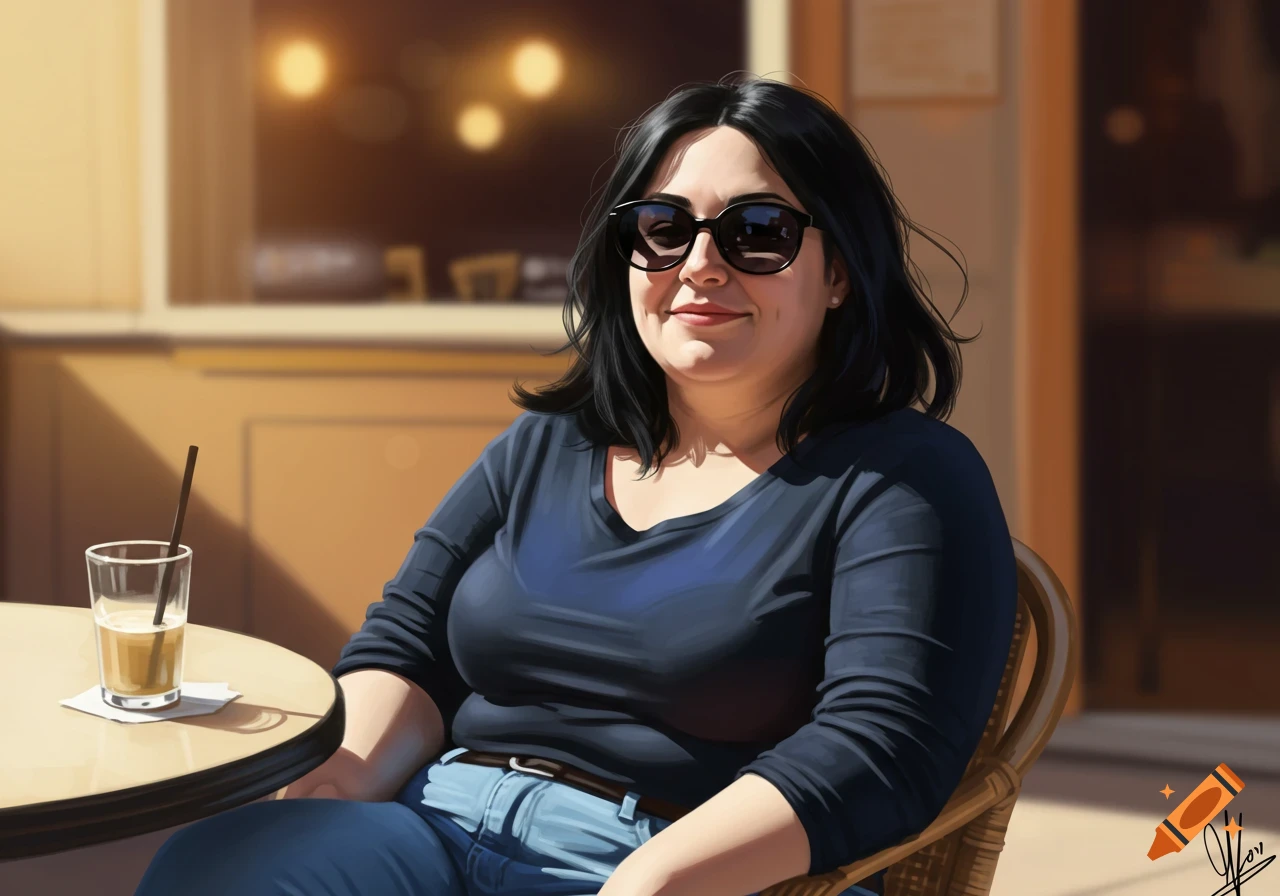 A woman wearing sunglasses and a blue shirt sits at a cafe table with a drink, illustration.